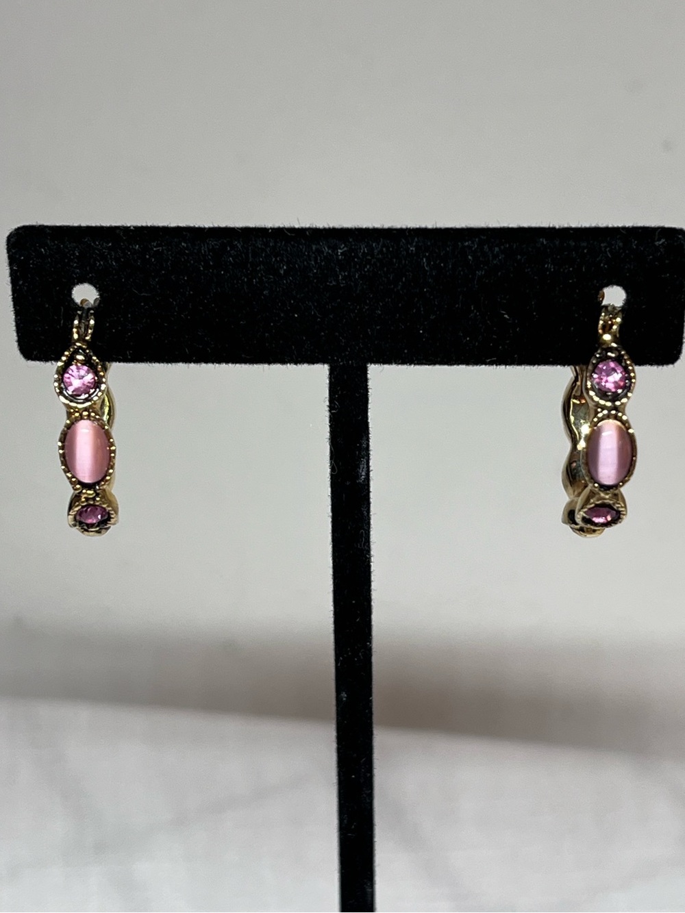 Gold-Tone Pink Cat's Eye and Pink Crystal Hoop Earrings - Women Jewelry